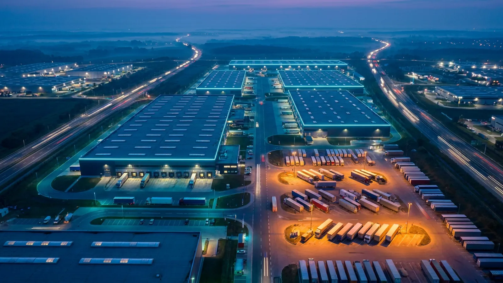 Aerial view of a verified partner distribution network at blue hour