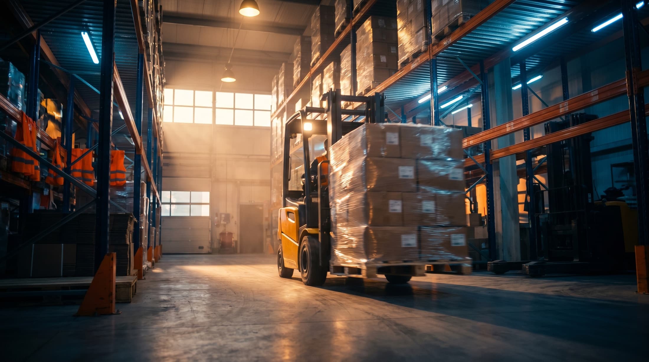 Forklift operator moving palletized freight inside a partner warehouse